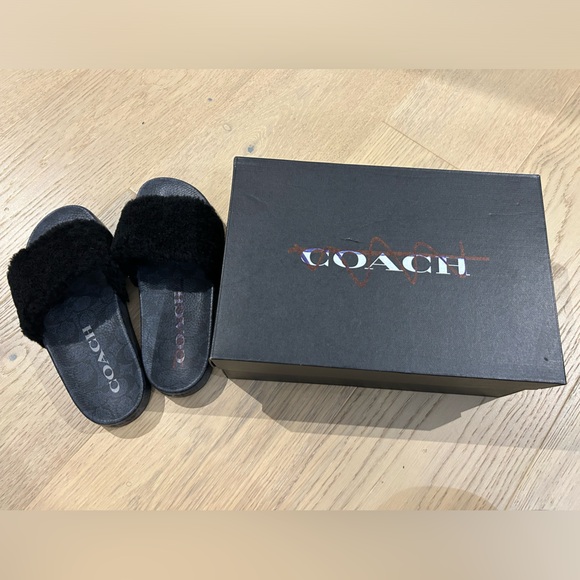New with box Coach Men’s size 8 Black Sig Pool Slide with Shearling - Picture 4 of 6